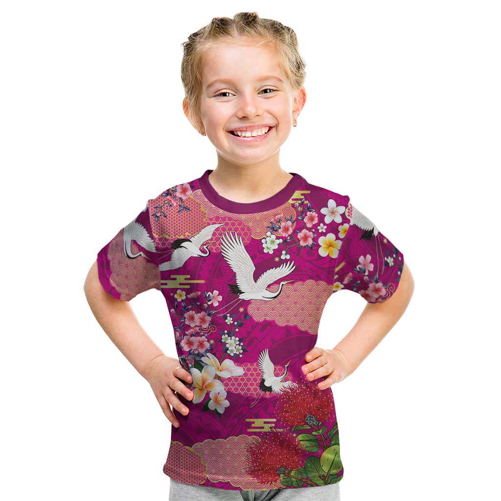 Hawaiian and Japanese Culture Together Kid T Shirt Pink Ohia Lehua Plumeria and Sakura Blooming - Polynesian Pride