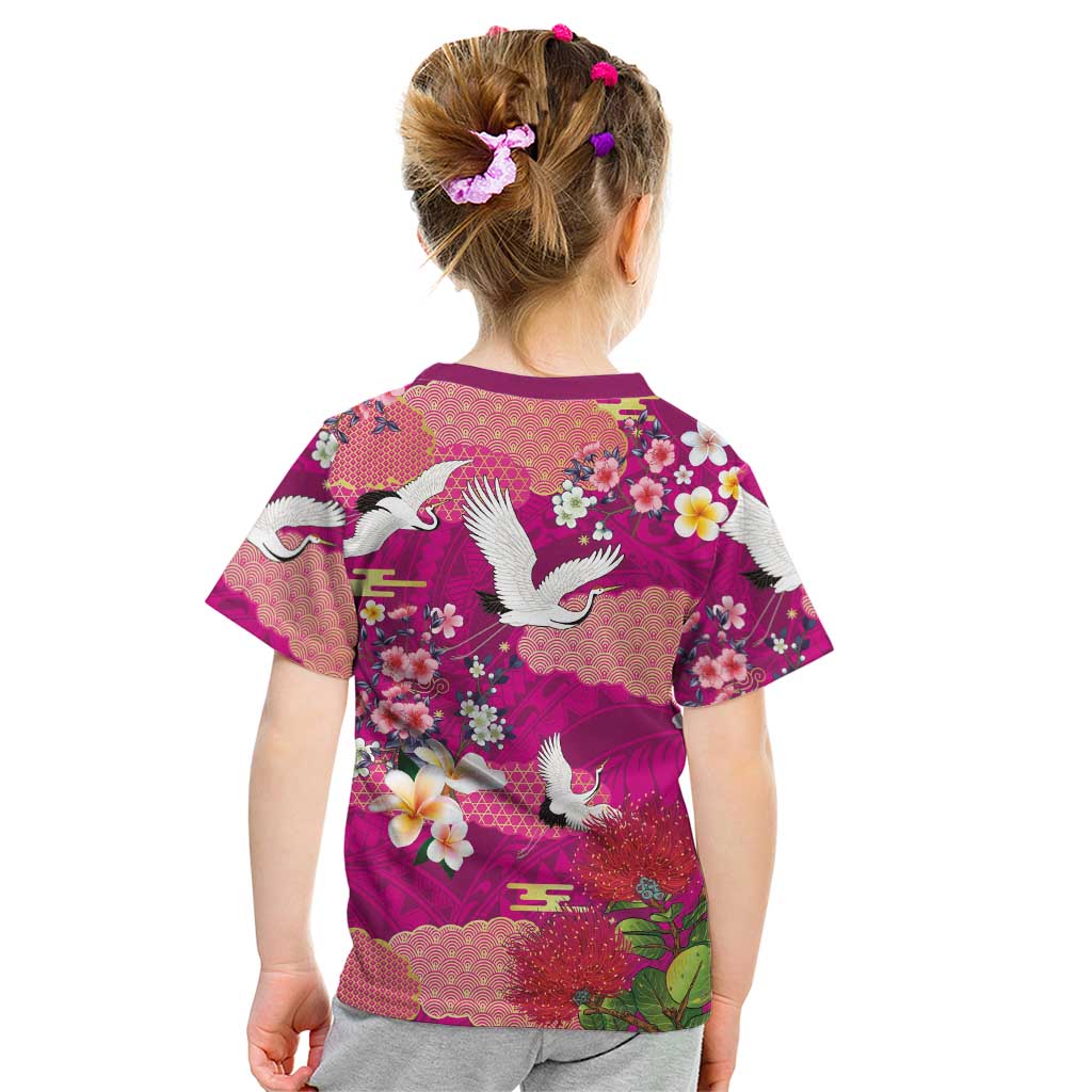 Hawaiian and Japanese Culture Together Kid T Shirt Pink Ohia Lehua Plumeria and Sakura Blooming LT03 - Polynesian Pride
