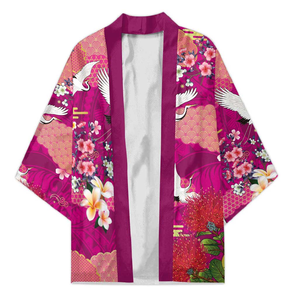 Hawaiian and Japanese Culture Together Kimono Pink Ohia Lehua Plumeria and Sakura Blooming LT03 Unisex Pink - Polynesian Pride