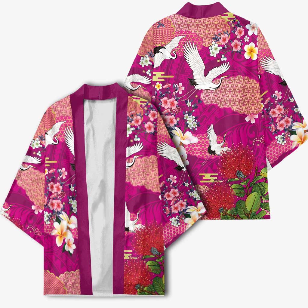 Hawaiian and Japanese Culture Together Kimono Pink Ohia Lehua Plumeria and Sakura Blooming LT03 - Polynesian Pride