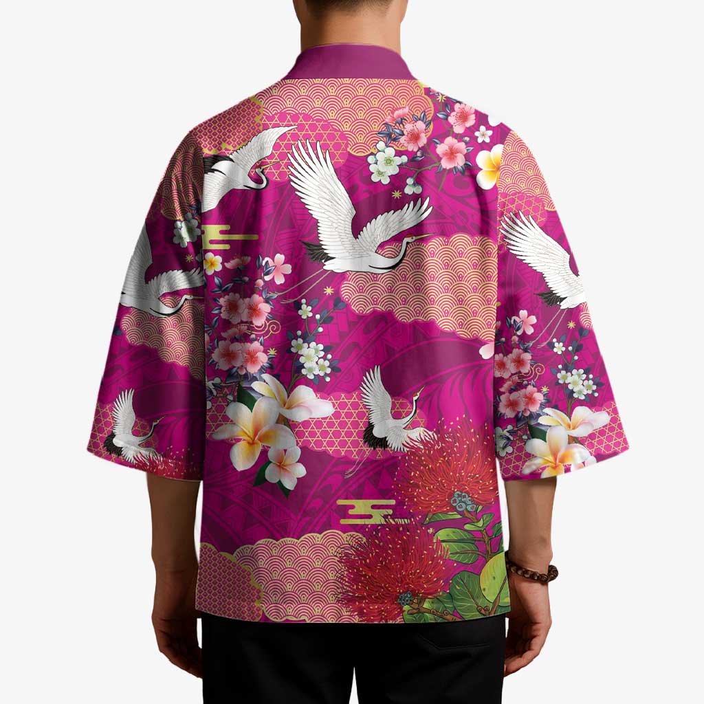 Hawaiian and Japanese Culture Together Kimono Pink Ohia Lehua Plumeria and Sakura Blooming LT03 - Polynesian Pride