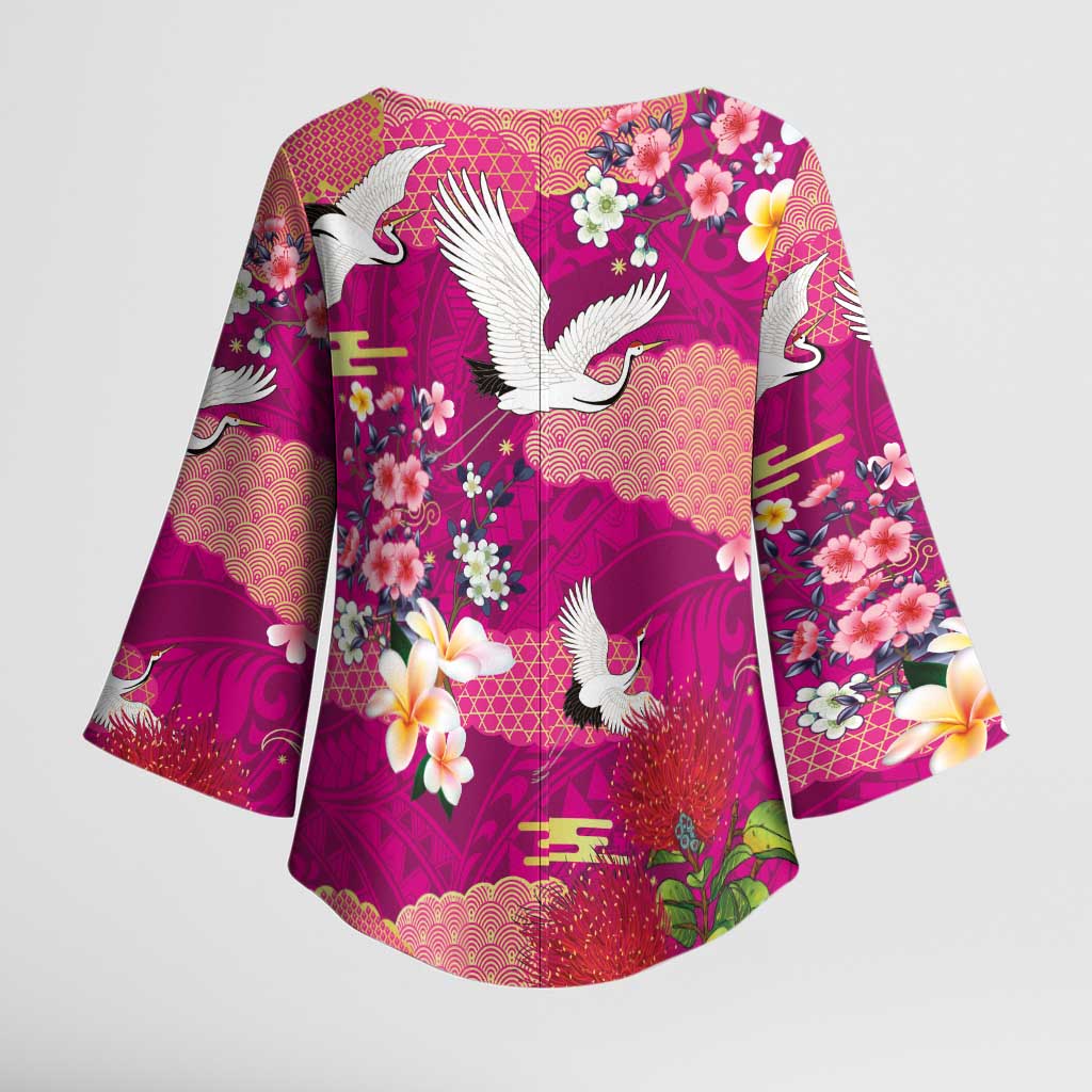 Hawaiian and Japanese Culture Together Kimono Sleeve Blouse Pink Ohia Lehua Plumeria and Sakura Blooming LT03 - Polynesian Pride