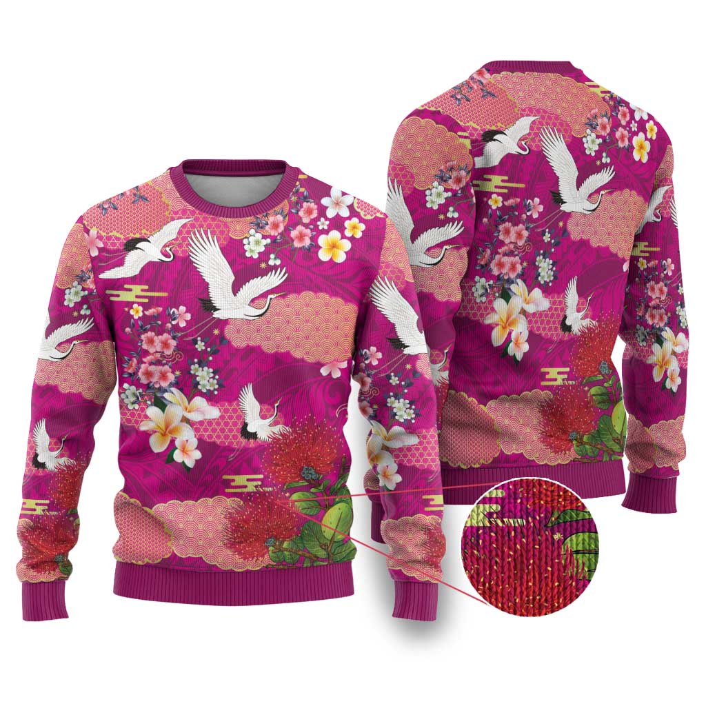 Hawaiian and Japanese Culture Together Ugly Christmas Sweater Pink Ohia Lehua Plumeria and Sakura Blooming LT03 Pink - Polynesian Pride