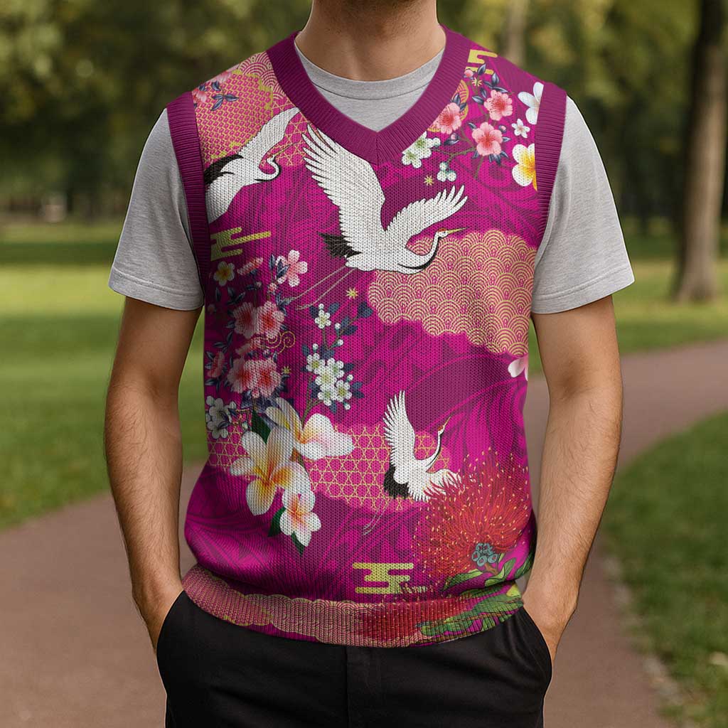 Hawaiian and Japanese Culture Together Christmas Knitted V-Neck Vest Pink Ohia Lehua Plumeria and Sakura Blooming LT03 - Polynesian Pride