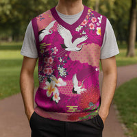 Hawaiian and Japanese Culture Together Christmas Knitted V-Neck Vest Pink Ohia Lehua Plumeria and Sakura Blooming LT03 - Polynesian Pride