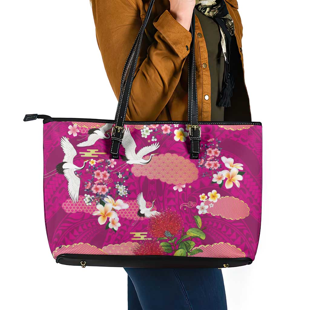 Hawaiian and Japanese Culture Together Leather Tote Bag Pink Ohia Lehua Plumeria and Sakura Blooming LT03 - Polynesian Pride