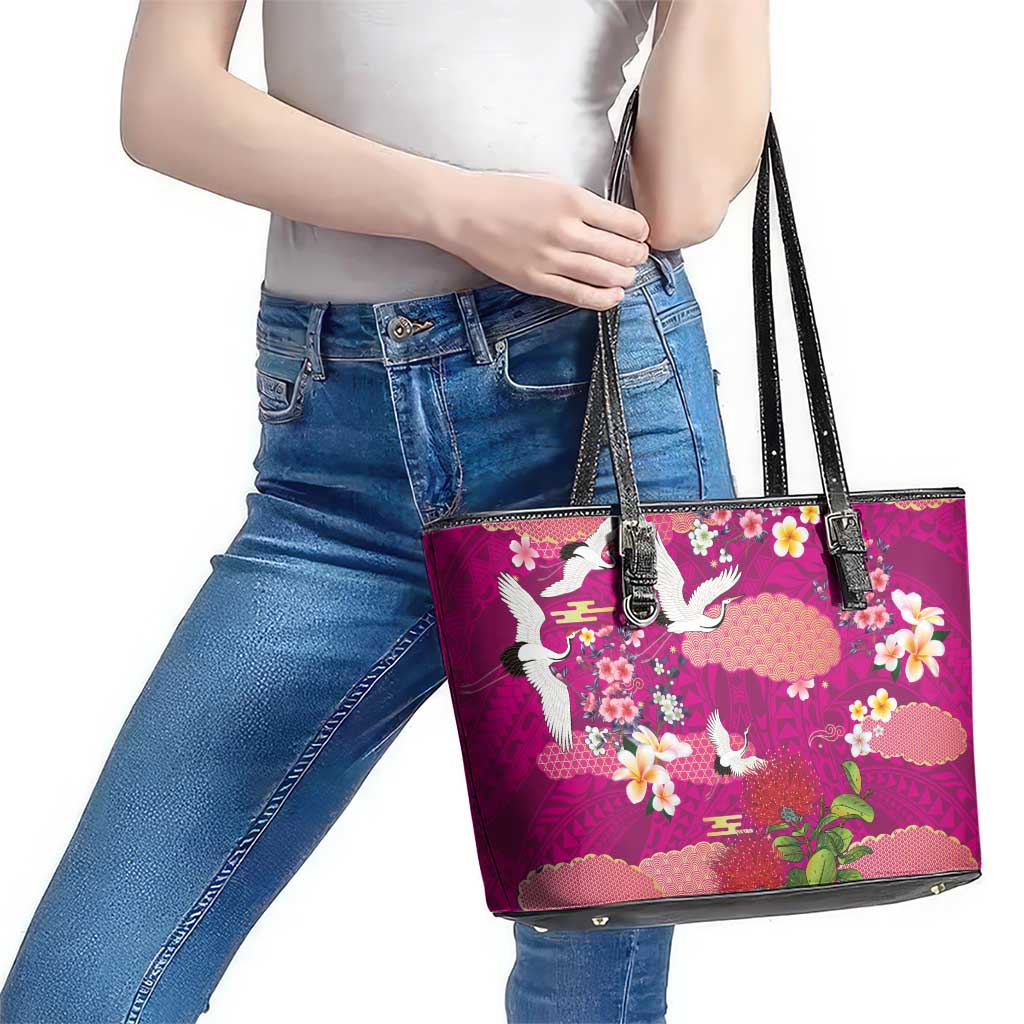 Hawaiian and Japanese Culture Together Leather Tote Bag Pink Ohia Lehua Plumeria and Sakura Blooming LT03 - Polynesian Pride