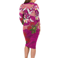 Hawaiian and Japanese Culture Together Long Sleeve Bodycon Dress Pink Ohia Lehua Plumeria and Sakura Blooming LT03 - Polynesian Pride