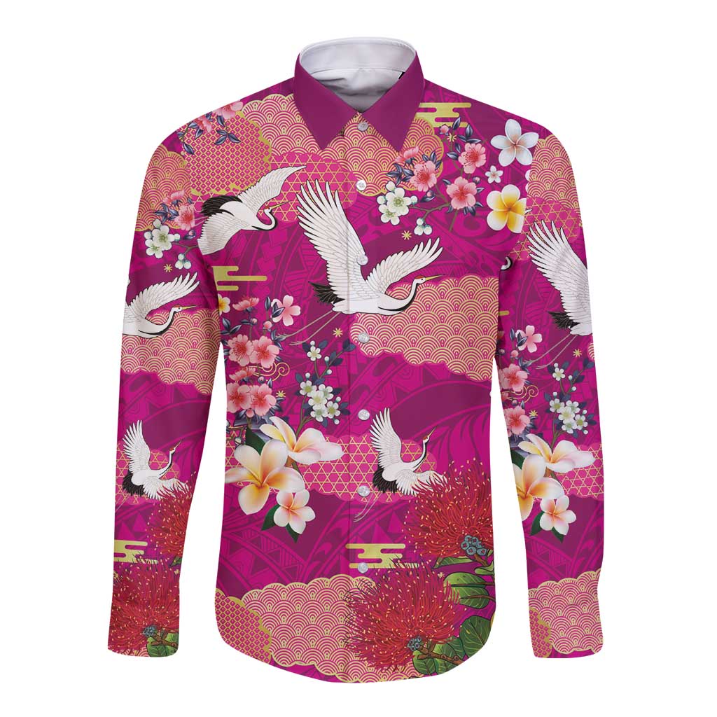 Hawaiian and Japanese Culture Together Long Sleeve Button Shirt Pink Ohia Lehua Plumeria and Sakura Blooming LT03 Unisex Pink - Polynesian Pride