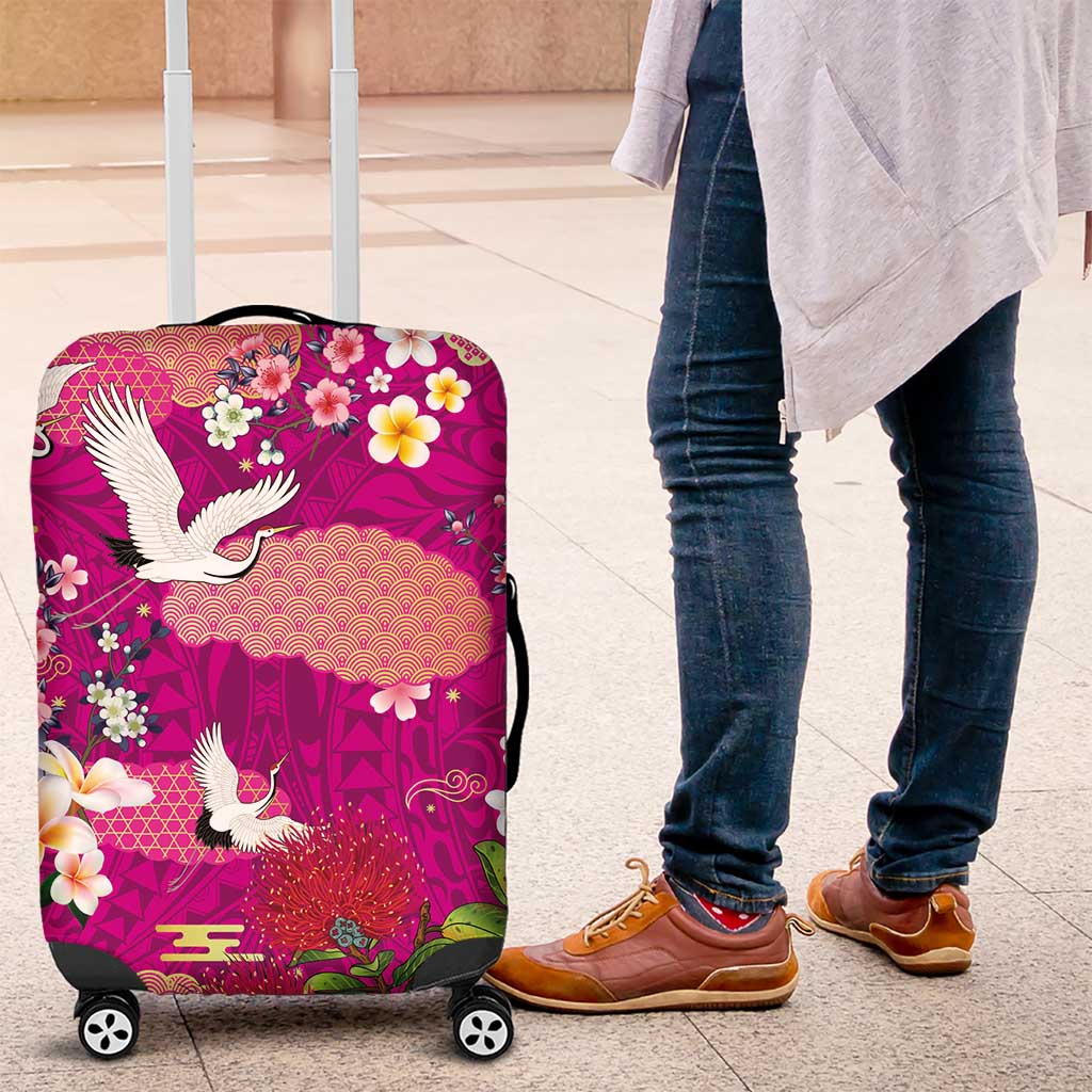 Hawaiian and Japanese Culture Together Luggage Cover Pink Ohia Lehua Plumeria and Sakura Blooming LT03 Pink - Polynesian Pride