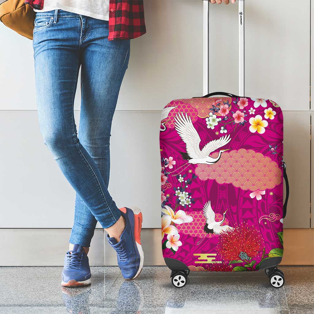 Hawaiian and Japanese Culture Together Luggage Cover Pink Ohia Lehua Plumeria and Sakura Blooming LT03 - Polynesian Pride