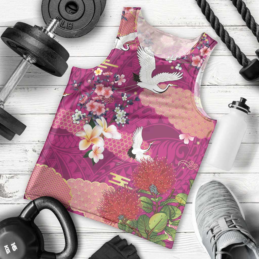 Hawaiian and Japanese Culture Together Men Tank Top Pink Ohia Lehua Plumeria and Sakura Blooming LT03 - Polynesian Pride