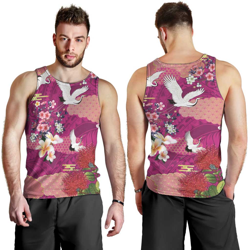 Hawaiian and Japanese Culture Together Men Tank Top Pink Ohia Lehua Plumeria and Sakura Blooming LT03 - Polynesian Pride