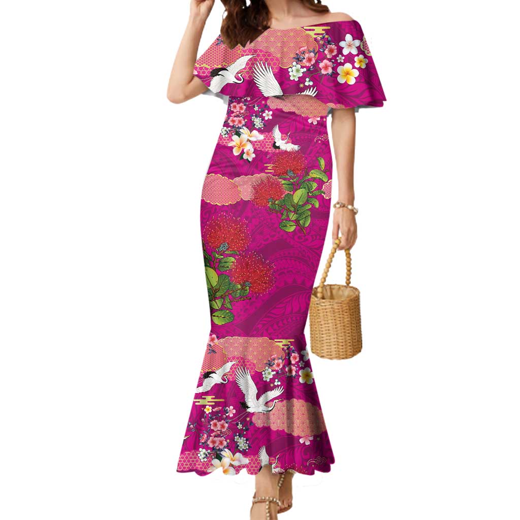 Hawaiian and Japanese Culture Together Mermaid Dress Pink Ohia Lehua Plumeria and Sakura Blooming - Polynesian Pride