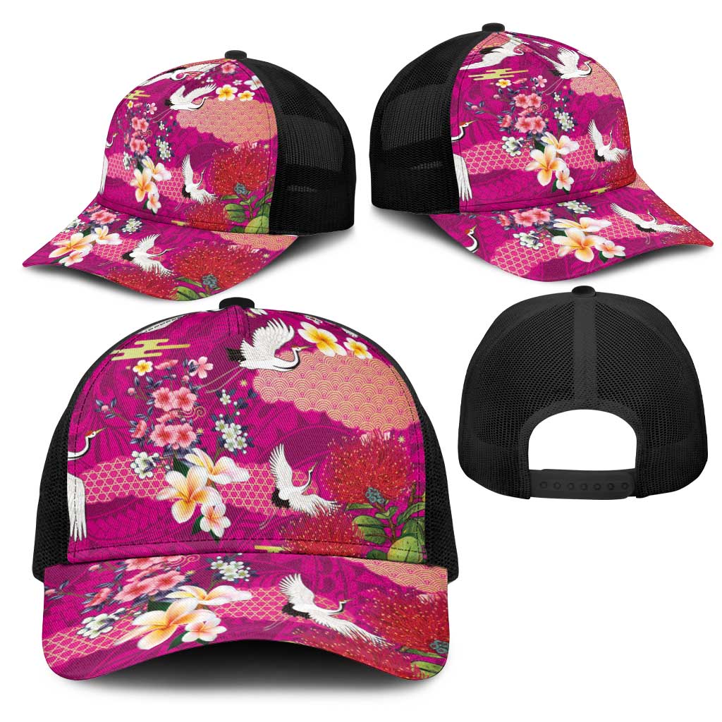 Hawaiian and Japanese Culture Together Mesh Trucker Cap Pink Ohia Lehua Plumeria and Sakura Blooming LT03 - Polynesian Pride