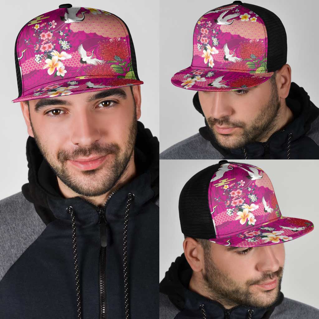 Hawaiian and Japanese Culture Together Mesh Trucker Cap Pink Ohia Lehua Plumeria and Sakura Blooming LT03 - Polynesian Pride