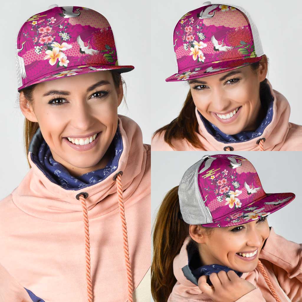 Hawaiian and Japanese Culture Together Mesh Trucker Cap Pink Ohia Lehua Plumeria and Sakura Blooming LT03 - Polynesian Pride