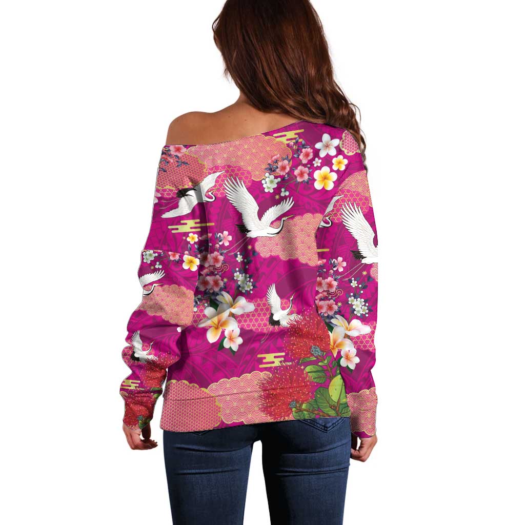 Hawaiian and Japanese Culture Together Off Shoulder Sweater Pink Ohia Lehua Plumeria and Sakura Blooming LT03 - Polynesian Pride