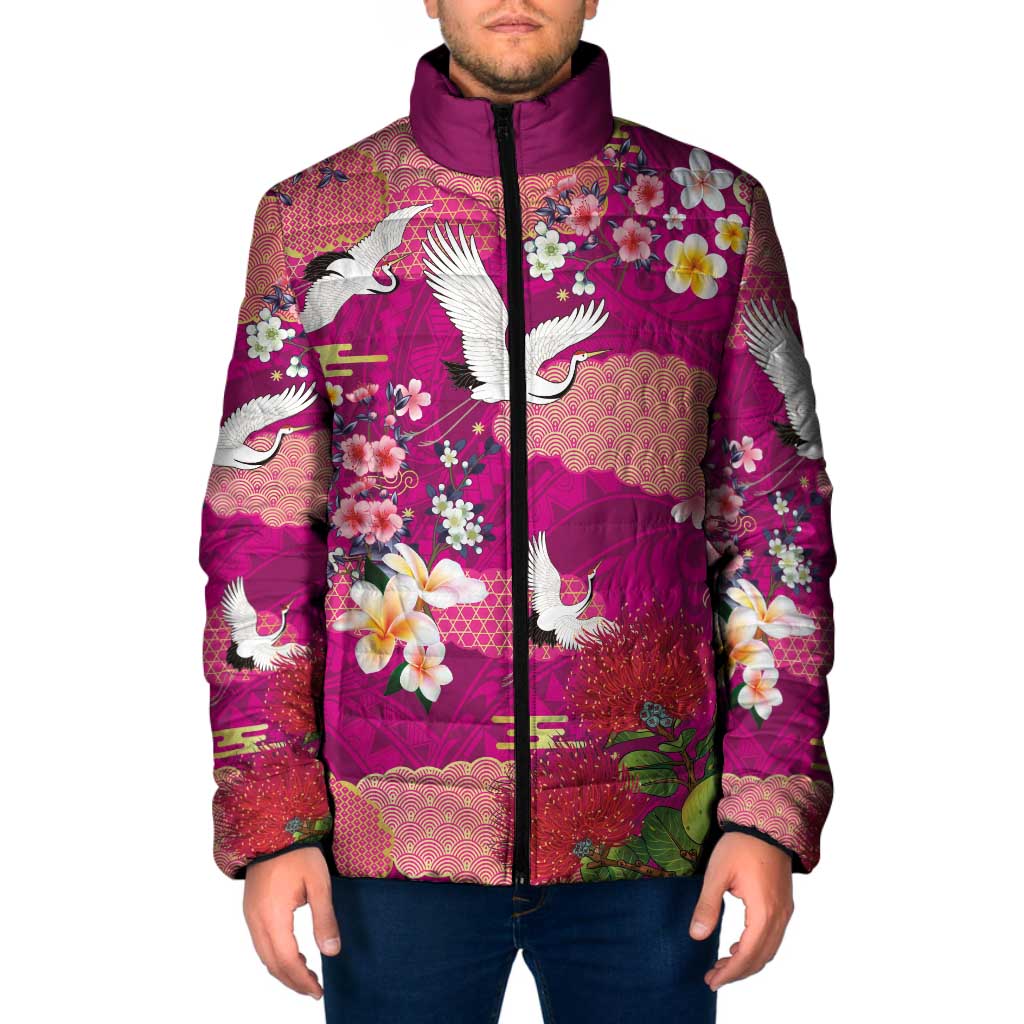 Hawaiian and Japanese Culture Together Padded Jacket Pink Ohia Lehua Plumeria and Sakura Blooming LT03 Men Pink - Polynesian Pride