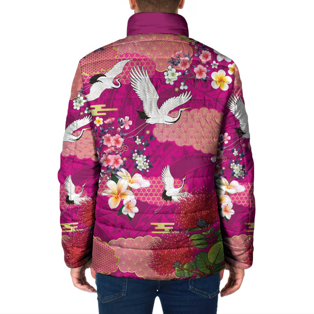 Hawaiian and Japanese Culture Together Padded Jacket Pink Ohia Lehua Plumeria and Sakura Blooming LT03 - Polynesian Pride