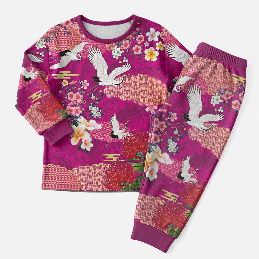 Hawaiian and Japanese Culture Together Christmas Pajama Set Pink Ohia Lehua Plumeria and Sakura Blooming - Polynesian Pride
