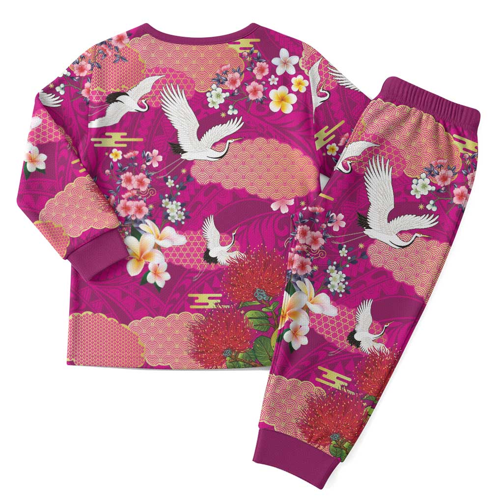 Hawaiian and Japanese Culture Together Christmas Pajama Set Pink Ohia Lehua Plumeria and Sakura Blooming LT03 - Polynesian Pride
