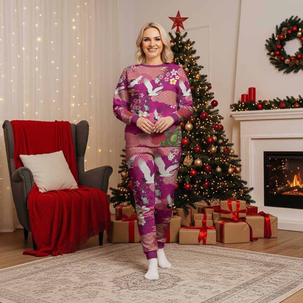 Hawaiian and Japanese Culture Together Christmas Pajama Set Pink Ohia Lehua Plumeria and Sakura Blooming LT03 Women Pink - Polynesian Pride