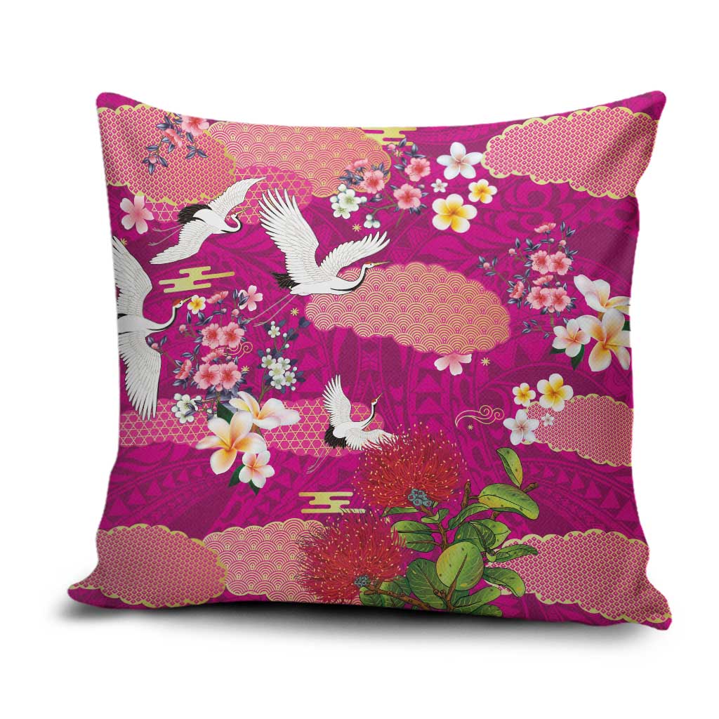 Hawaiian and Japanese Culture Together Pillow Cover Pink Ohia Lehua Plumeria and Sakura Blooming LT03 Pink - Polynesian Pride