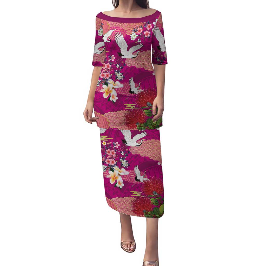 Hawaiian and Japanese Culture Together Puletasi Pink Ohia Lehua Plumeria and Sakura Blooming LT03 Long Dress Pink - Polynesian Pride