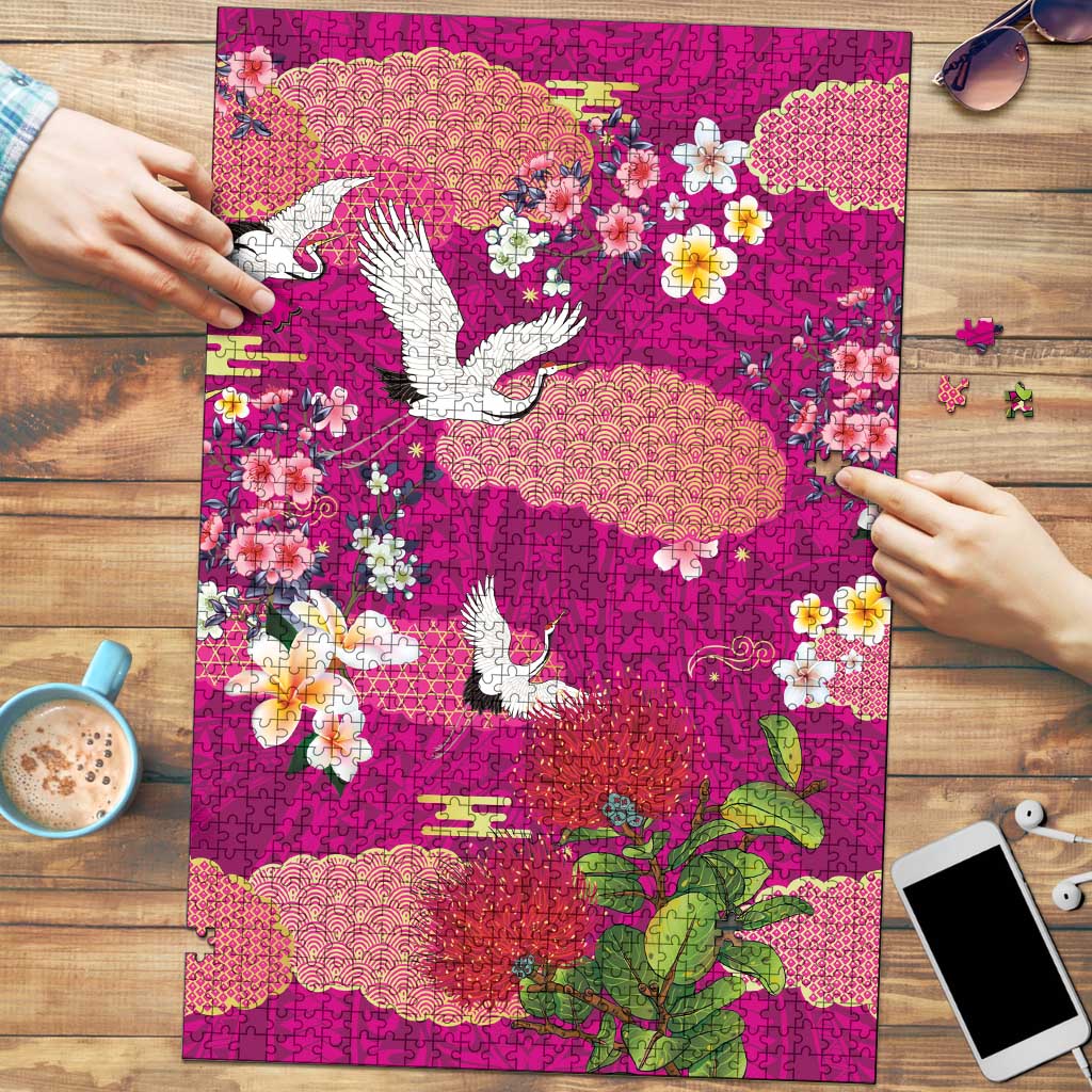 Hawaiian and Japanese Culture Together Puzzle Pink Ohia Lehua Plumeria and Sakura Blooming LT03 Pink - Polynesian Pride