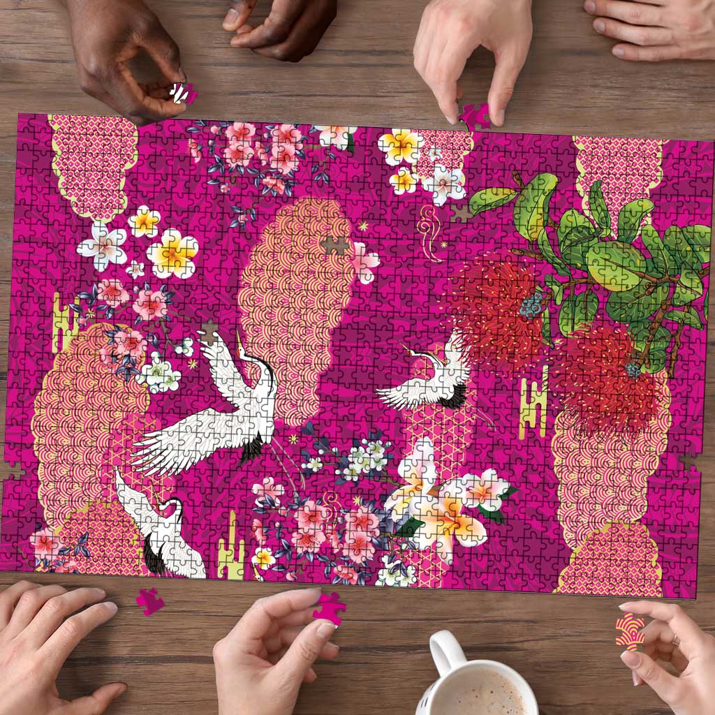 Hawaiian and Japanese Culture Together Puzzle Pink Ohia Lehua Plumeria and Sakura Blooming LT03 - Polynesian Pride