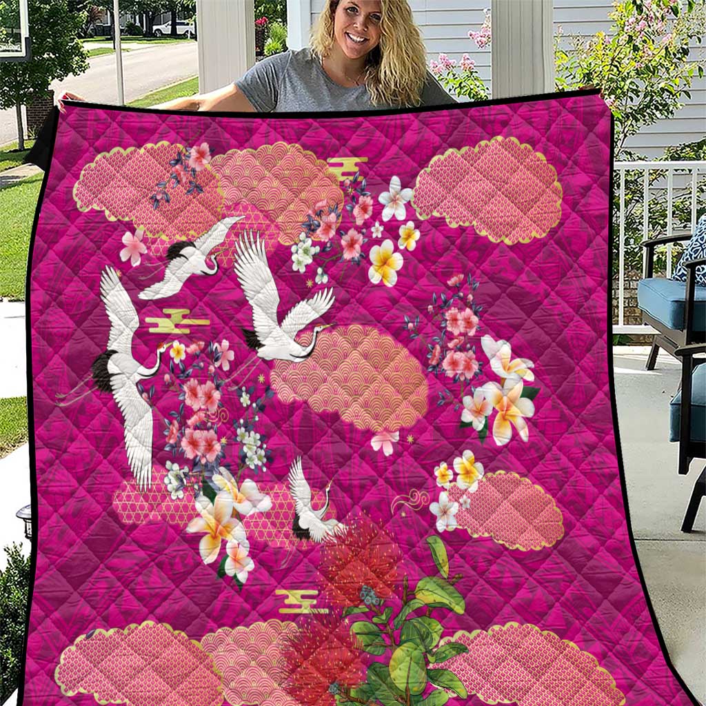 Hawaiian and Japanese Culture Together Quilt Pink Ohia Lehua Plumeria and Sakura Blooming LT03 Pink - Polynesian Pride