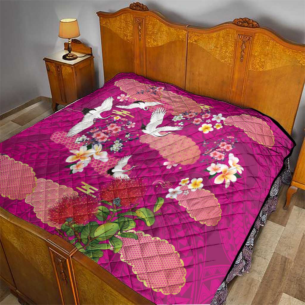 Hawaiian and Japanese Culture Together Quilt Pink Ohia Lehua Plumeria and Sakura Blooming LT03 - Polynesian Pride