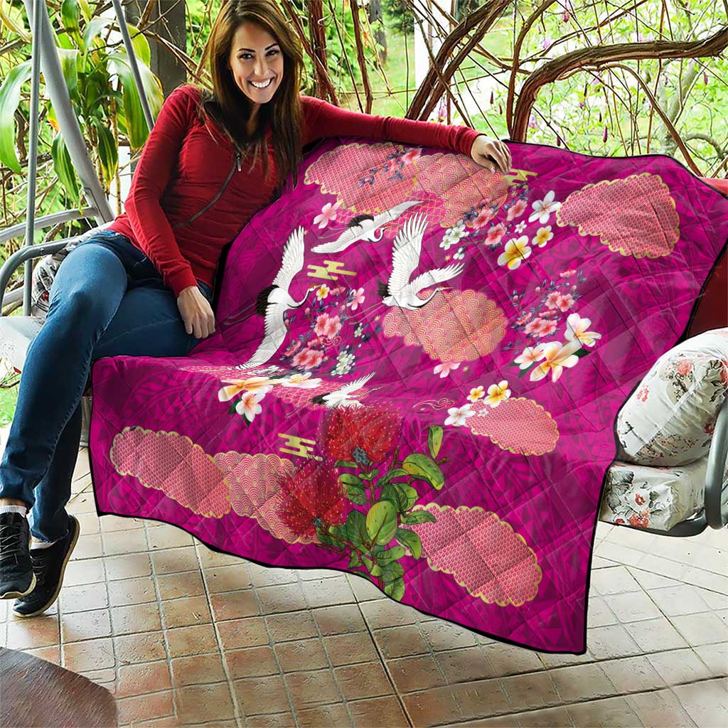 Hawaiian and Japanese Culture Together Quilt Pink Ohia Lehua Plumeria and Sakura Blooming LT03 - Polynesian Pride