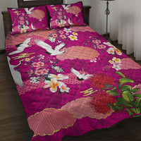 Hawaiian and Japanese Culture Together Quilt Bed Set Pink Ohia Lehua Plumeria and Sakura Blooming LT03 Pink - Polynesian Pride
