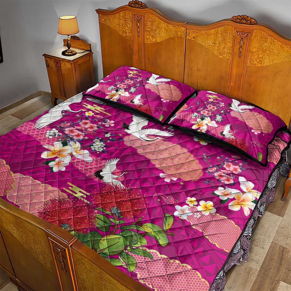 Hawaiian and Japanese Culture Together Quilt Bed Set Pink Ohia Lehua Plumeria and Sakura Blooming LT03 - Polynesian Pride