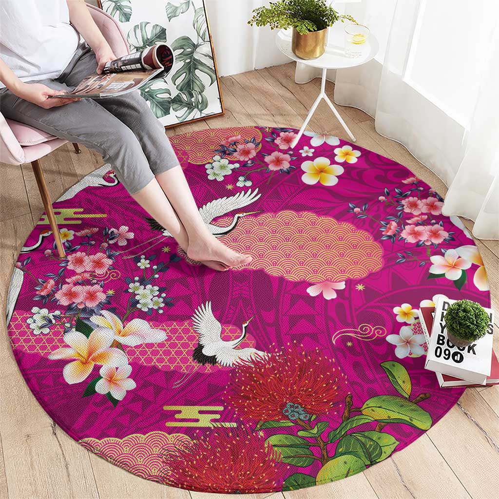 Hawaiian and Japanese Culture Together Round Carpet Pink Ohia Lehua Plumeria and Sakura Blooming LT03 - Polynesian Pride