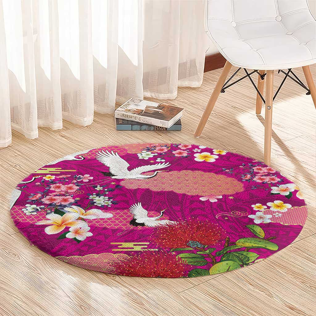 Hawaiian and Japanese Culture Together Round Carpet Pink Ohia Lehua Plumeria and Sakura Blooming LT03 - Polynesian Pride