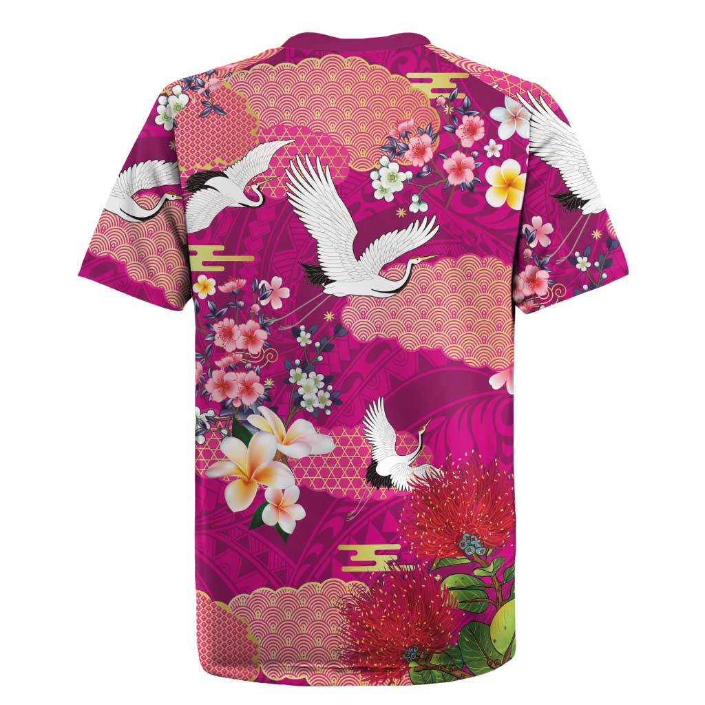 Hawaiian and Japanese Culture Together Rugby Jersey Pink Ohia Lehua Plumeria and Sakura Blooming LT03 - Polynesian Pride