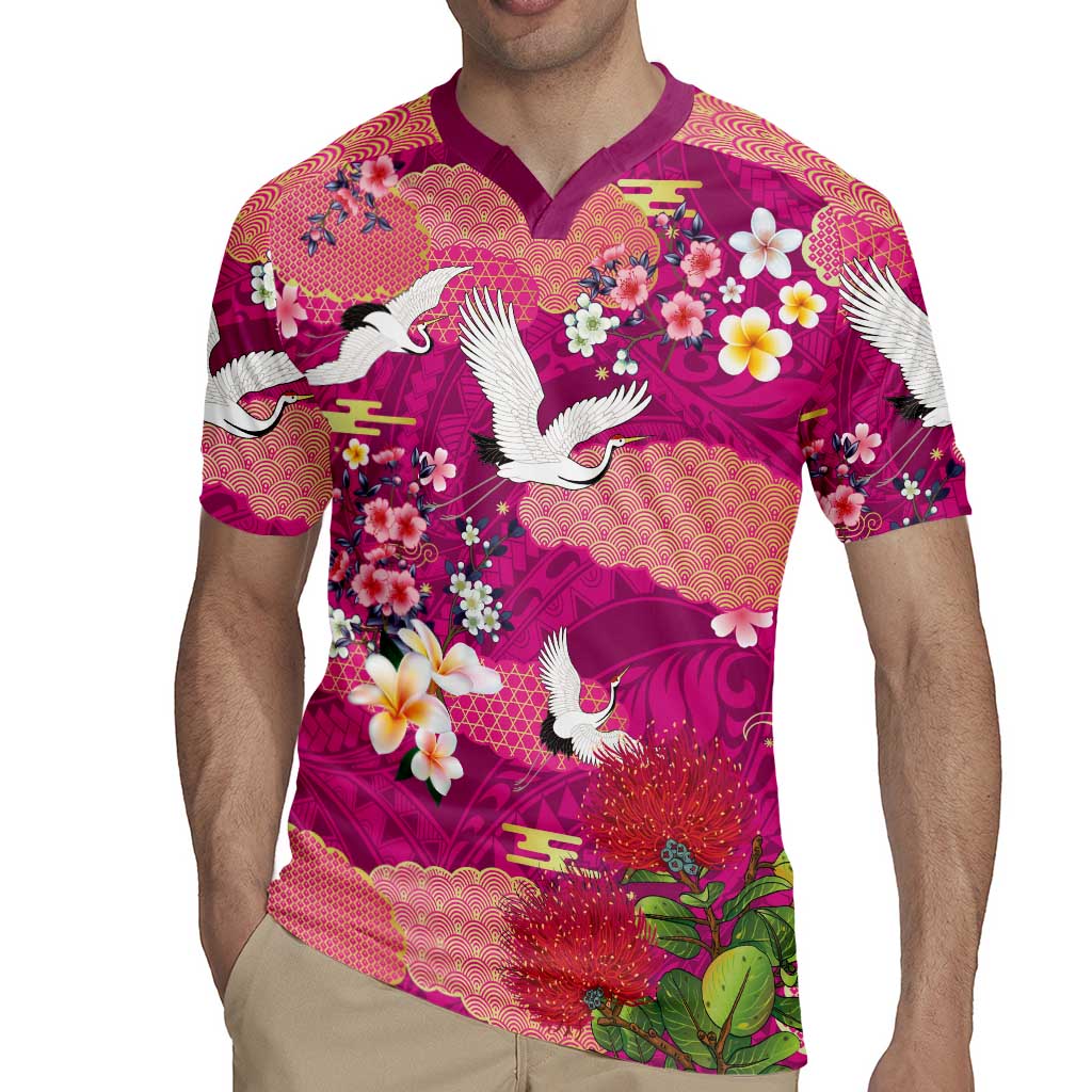 Hawaiian and Japanese Culture Together Rugby Jersey Pink Ohia Lehua Plumeria and Sakura Blooming LT03 - Polynesian Pride