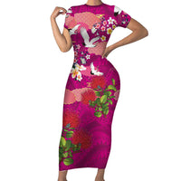 Hawaiian and Japanese Culture Together Short Sleeve Bodycon Dress Pink Ohia Lehua Plumeria and Sakura Blooming LT03 Long Dress Pink - Polynesian Pride