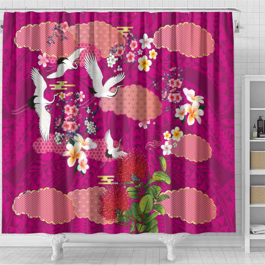 Hawaiian and Japanese Culture Together Shower Curtain Pink Ohia Lehua Plumeria and Sakura Blooming LT03 - Polynesian Pride