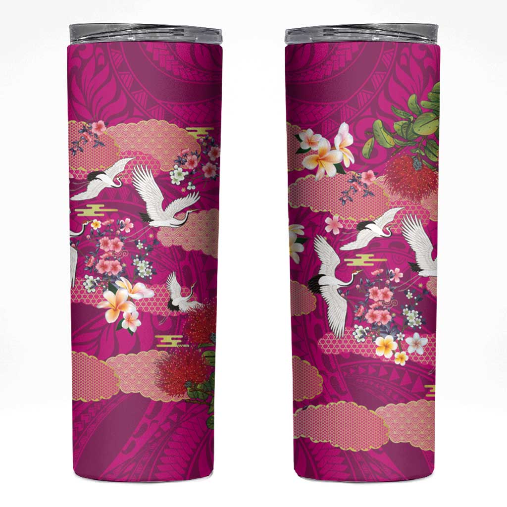 Hawaiian and Japanese Culture Together Skinny Tumbler Pink Ohia Lehua Plumeria and Sakura Blooming LT03 Pink - Polynesian Pride