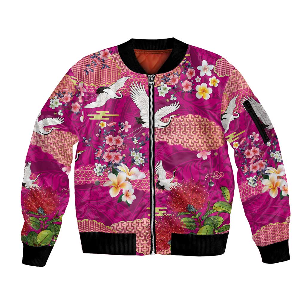 Hawaiian and Japanese Culture Together Sleeve Zip Bomber Jacket Pink Ohia Lehua Plumeria and Sakura Blooming LT03 Unisex Pink - Polynesian Pride