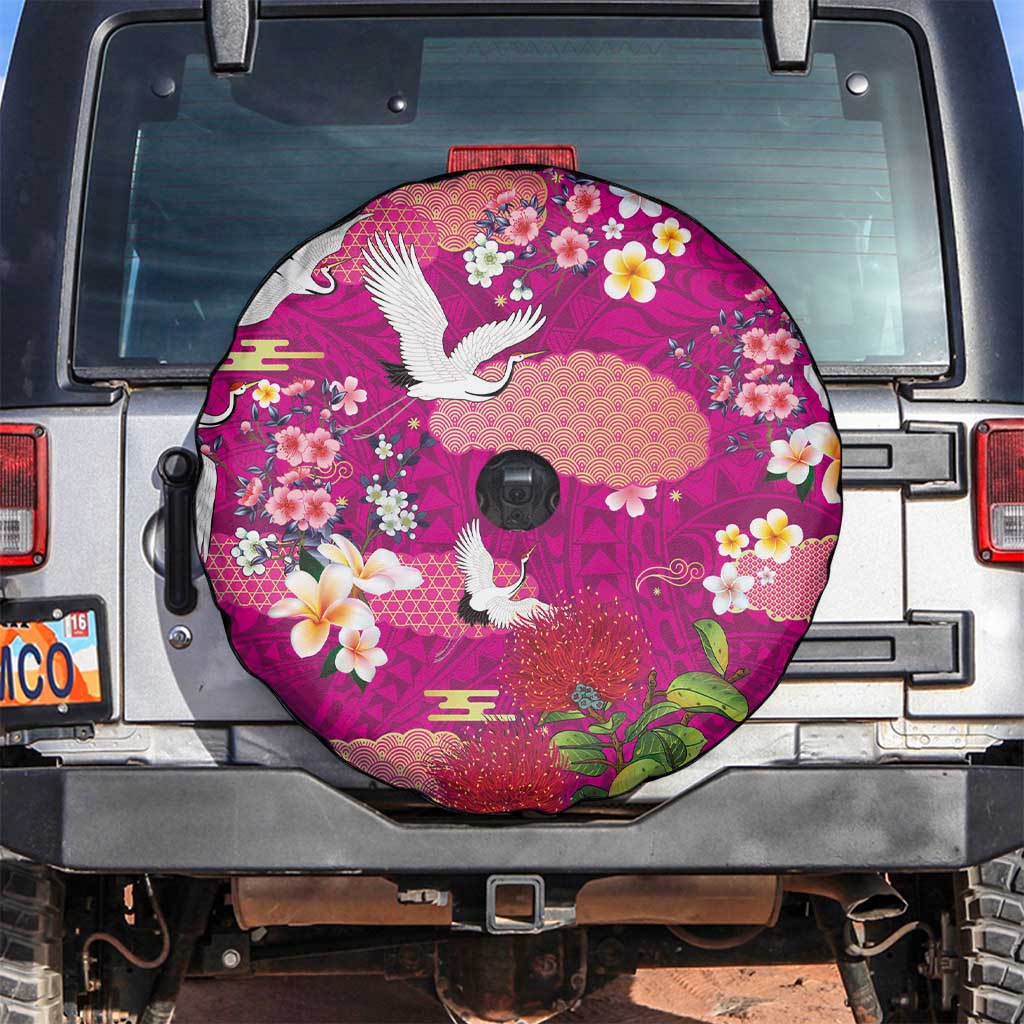 Hawaiian and Japanese Culture Together Spare Tire Cover Pink Ohia Lehua Plumeria and Sakura Blooming LT03 Pink - Polynesian Pride