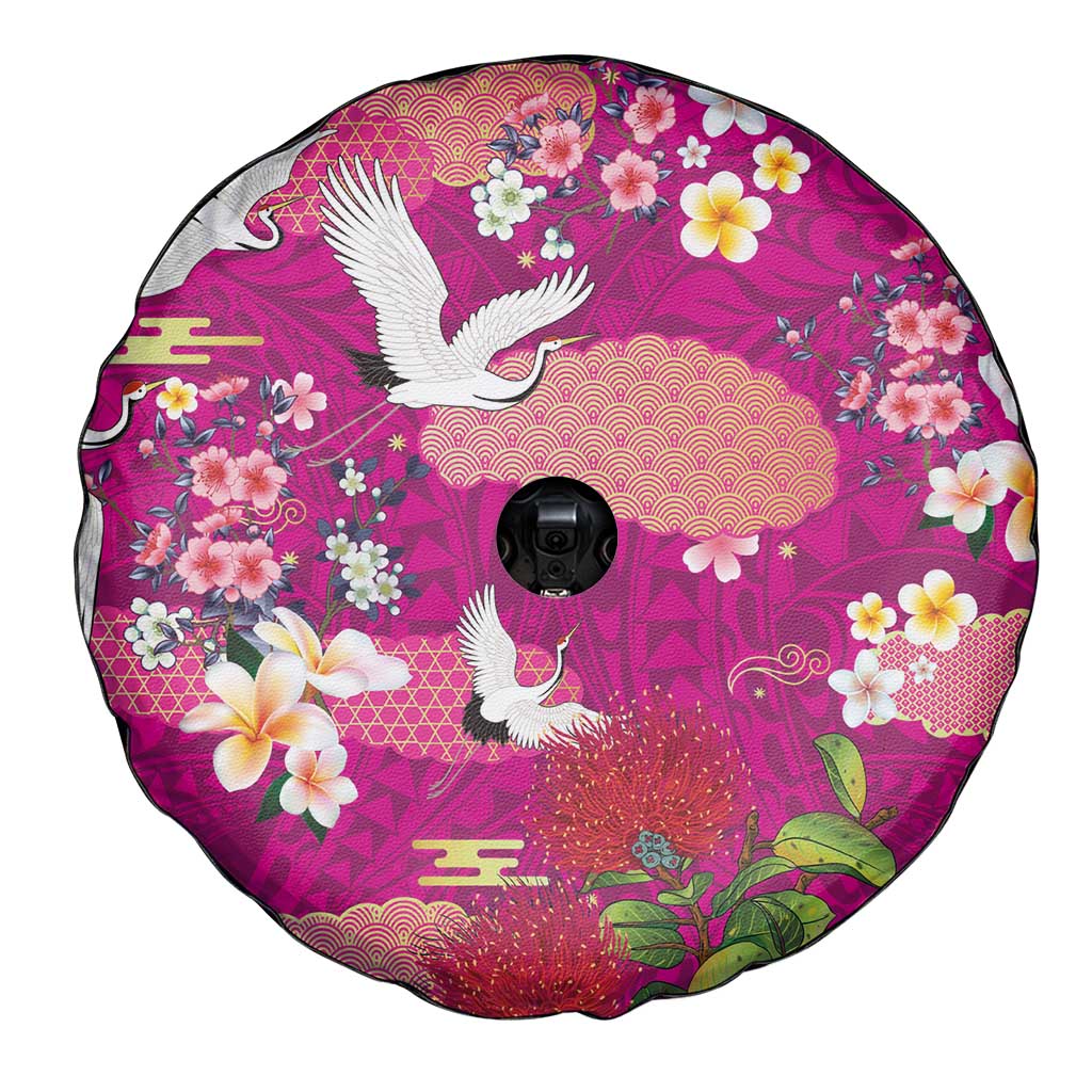 Hawaiian and Japanese Culture Together Spare Tire Cover Pink Ohia Lehua Plumeria and Sakura Blooming LT03 - Polynesian Pride