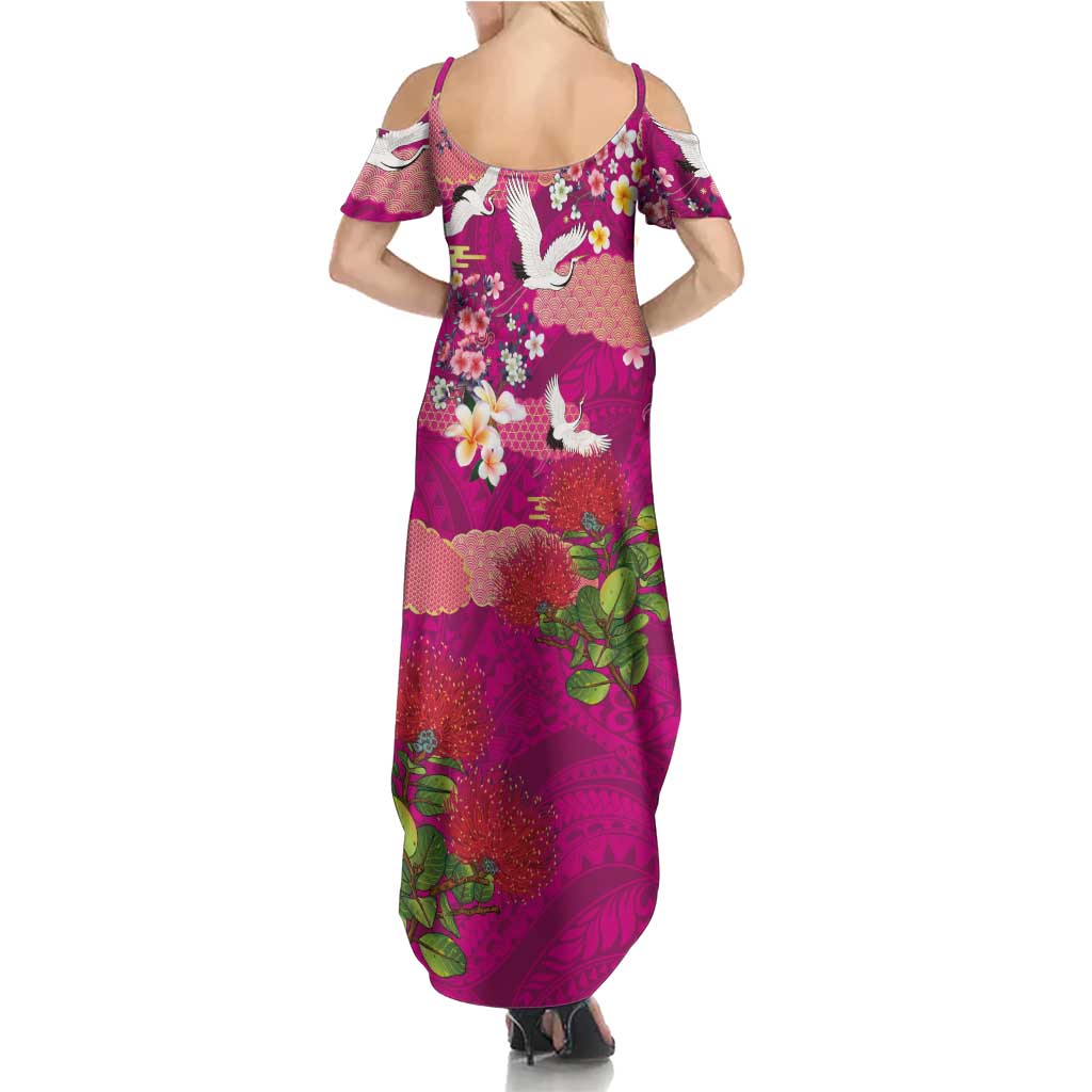 Hawaiian and Japanese Culture Together Summer Maxi Dress Pink Ohia Lehua Plumeria and Sakura Blooming LT03 - Polynesian Pride