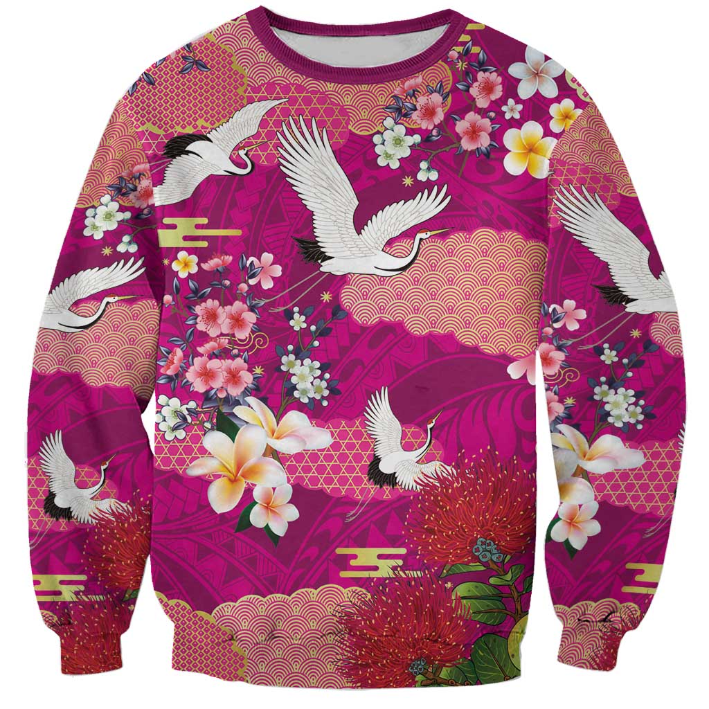 Hawaiian and Japanese Culture Together Sweatshirt Pink Ohia Lehua Plumeria and Sakura Blooming LT03 Unisex Pink - Polynesian Pride