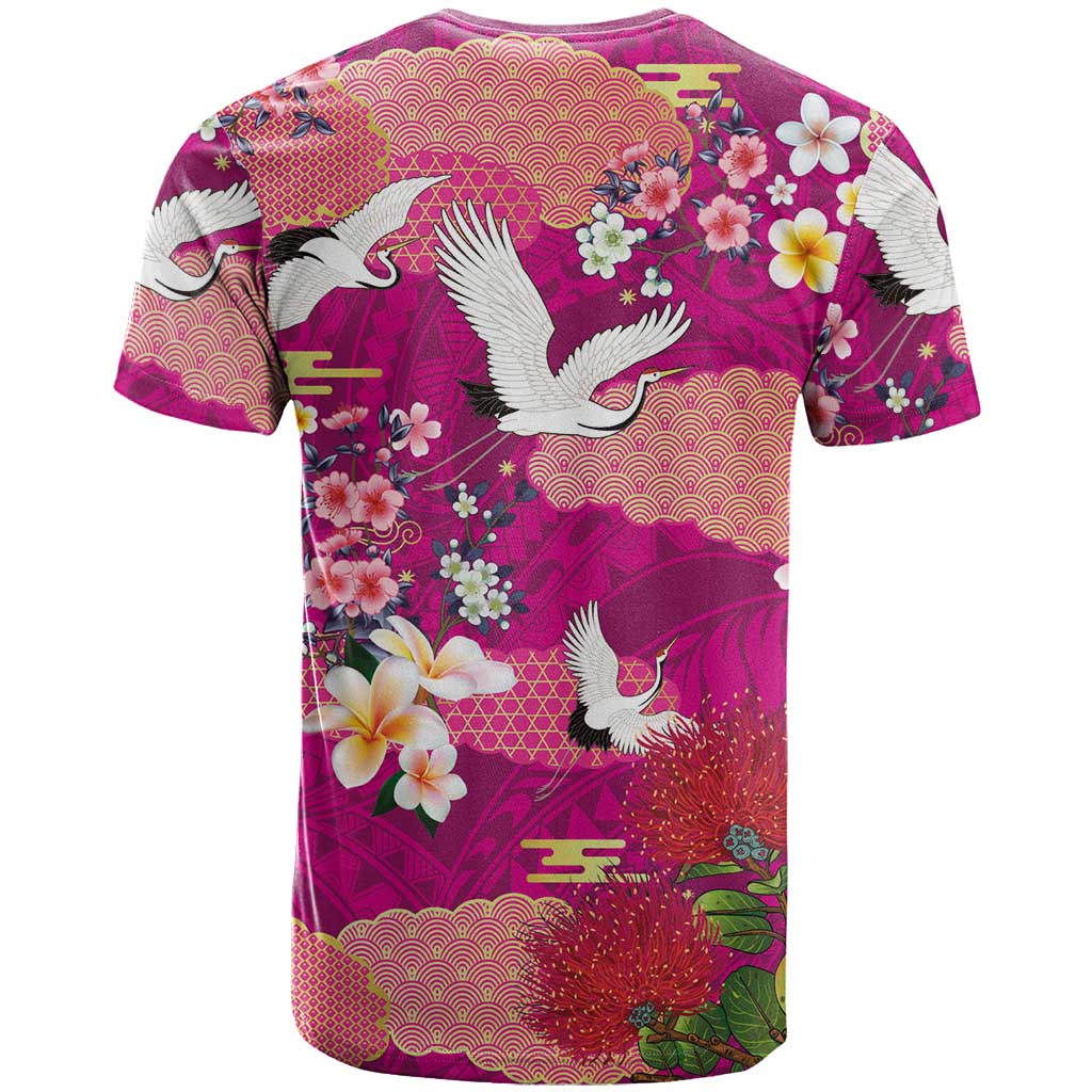 Hawaiian and Japanese Culture Together T Shirt Pink Ohia Lehua Plumeria and Sakura Blooming LT03 - Polynesian Pride