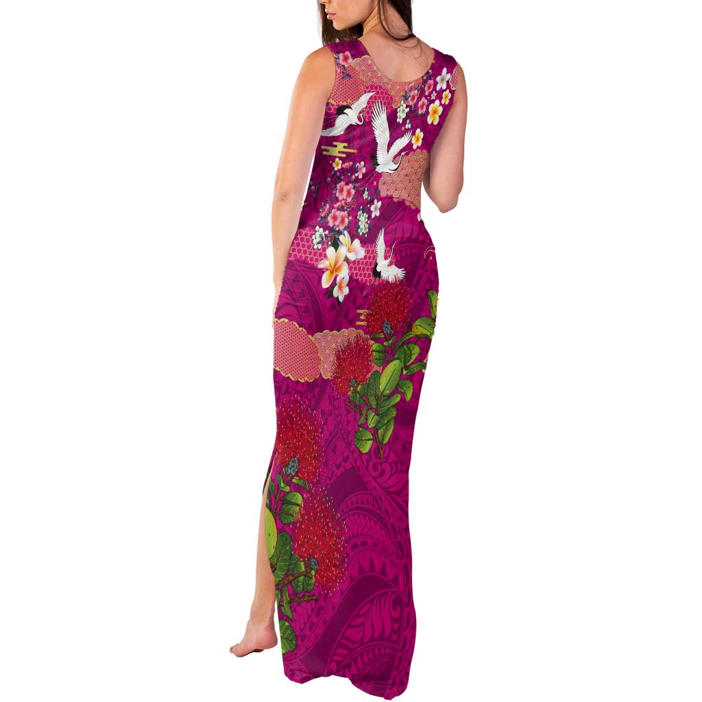 Hawaiian and Japanese Culture Together Tank Maxi Dress Pink Ohia Lehua Plumeria and Sakura Blooming LT03 - Polynesian Pride